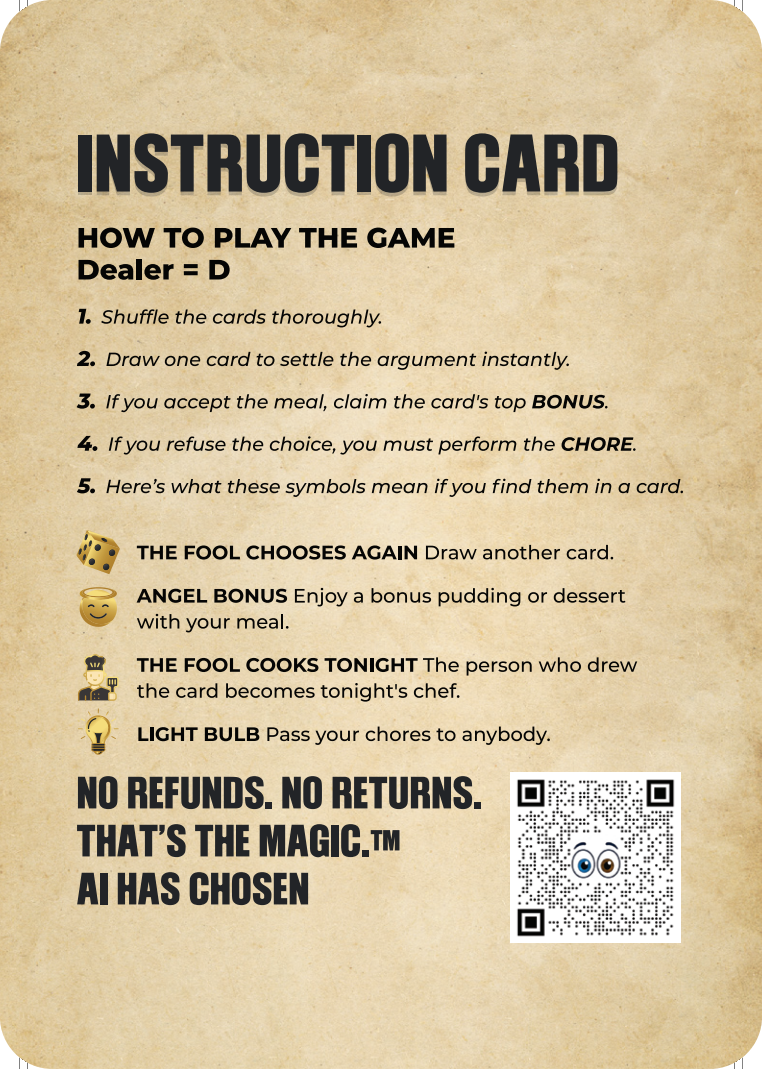 Original instruction card showing four rules and the dice, angel, chef and light bulb symbol key