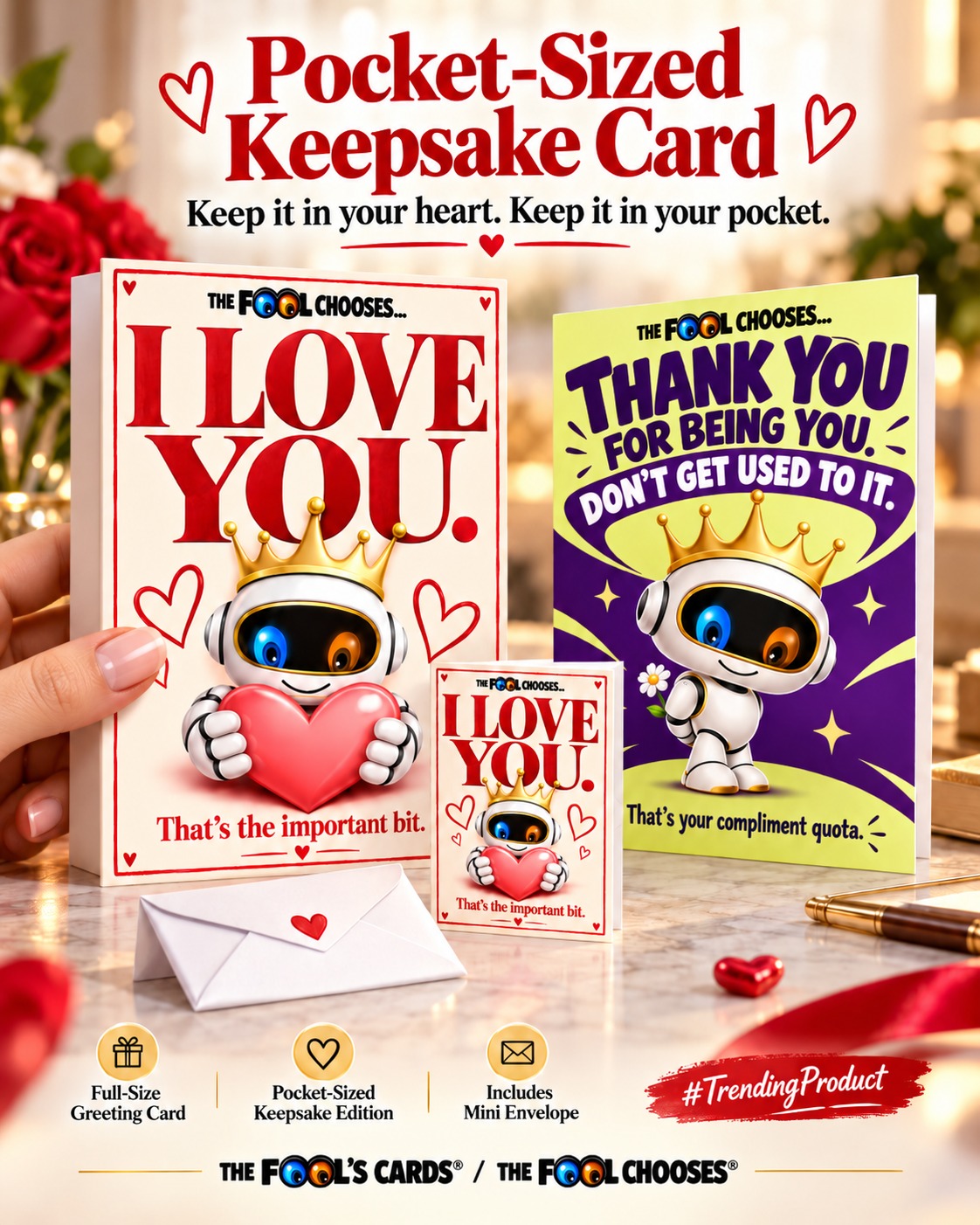 Steve’s Pocket Edition concept: full-size greeting cards, a miniature I LOVE YOU keepsake card and a mini envelope
